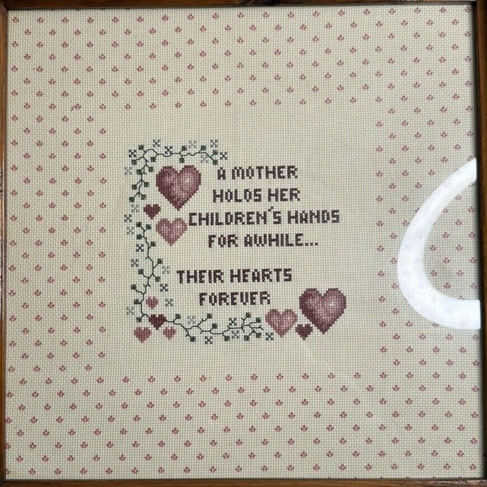 Framed Cross Stitch Mother Holds Her Children Hands for A While Their Hearts